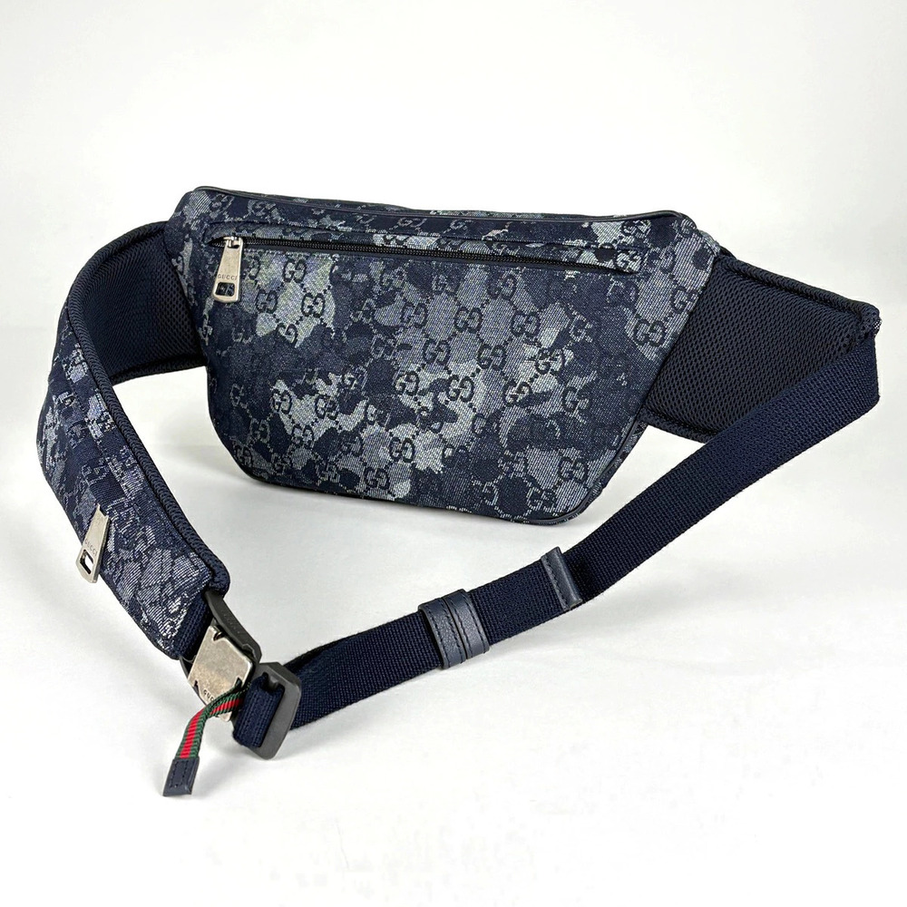 Gucci Camouflage Belt Blue Navy Effect GG Waist Body Denim Bag Blue